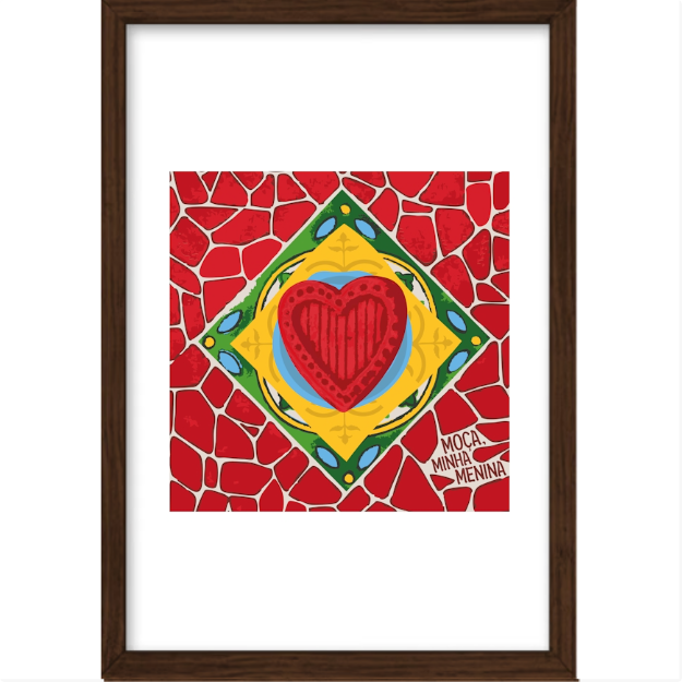 Quadro com estampa frontal de coração estilizado em fundo geométrico com azulejos e inscrição "Moça Minha Menina" no canto inferior direito.