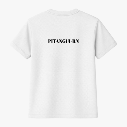 Camiseta com estampa frontal de uma praia com barcos no horizonte e uma criança na areia, e estampa traseira com a inscrição "PITANGUI-RN".