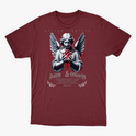 Camiseta com estampa frontal de anjo com asas, segurando um coração vermelho sangrando, cercado por inscrições "Faith & Glory" e "Romans 10:10".