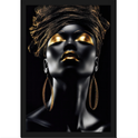 Quadro com estampa frontal de mulher estilizada com maquiagem dourada, usando brincos grandes e um turbante com textura dourada, criando um visual luxuoso.