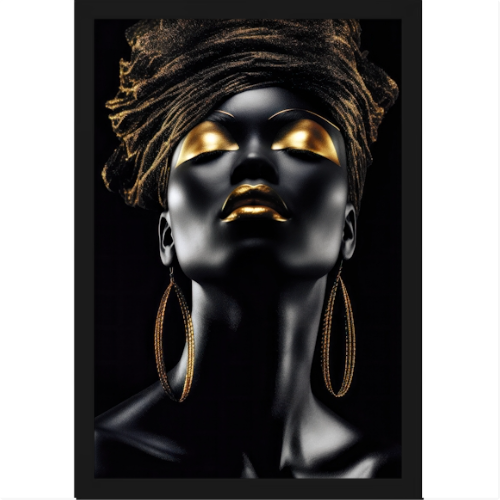 Quadro com estampa frontal de mulher estilizada com maquiagem dourada, usando brincos grandes e um turbante com textura dourada, criando um visual luxuoso.