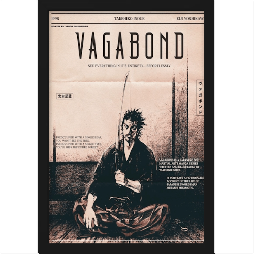 [quadro] com estampa frontal de um samurai sentado segurando uma espada, rodeado de textos e detalhes que incluem o título "Vagabond" em destaque.