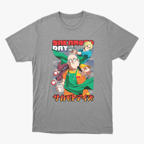 Camiseta com estampa frontal de dois personagens em estilo anime, um segurando café e outro apontando, com texto em japonês e inglês acima e abaixo.