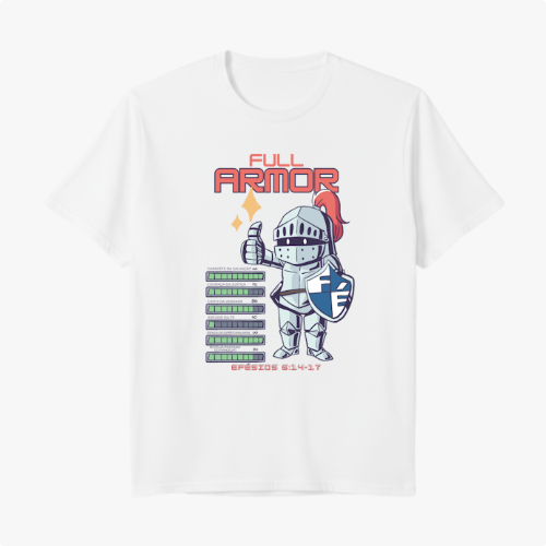 Camiseta com estampa frontal de um cavaleiro em armadura cheia, segurando um escudo com a letra "F", cercado por barras com textos e a inscrição "EFESIOS 6:14-17".