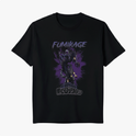 Camiseta com estampa frontal de personagem sombrio em posição dinâmica, rodeado por sombras e palavras em estilo de quadrinhos e japonês.