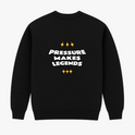 Moletom com estampa traseira de texto "PRESSURE MAKES LEGENDS" em estilo bold, cercado por quatro estrelas pontiagudas, duas acima e duas abaixo.