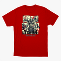 Camiseta com estampa frontal de um guerreiro musculoso em quadrantes, junto a um navio viking, escudo, espadas e texto "TRION BODYBUILDER".