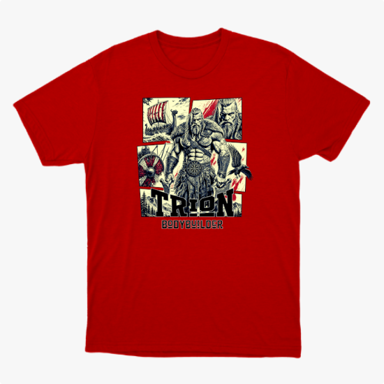 Camiseta com estampa frontal de um guerreiro musculoso em quadrantes, junto a um navio viking, escudo, espadas e texto "TRION BODYBUILDER".