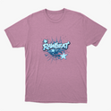 Camiseta com estampa frontal de texto estilizado "RAWBEAT" cercado por estrelas e elementos gráficos que remetem a um fundo cheio de dinamismo.