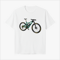 Camiseta com estampa frontal de bicicleta detalhada, exibindo um design técnico com diferentes componentes e traços meticulosos nas rodas e quadro.