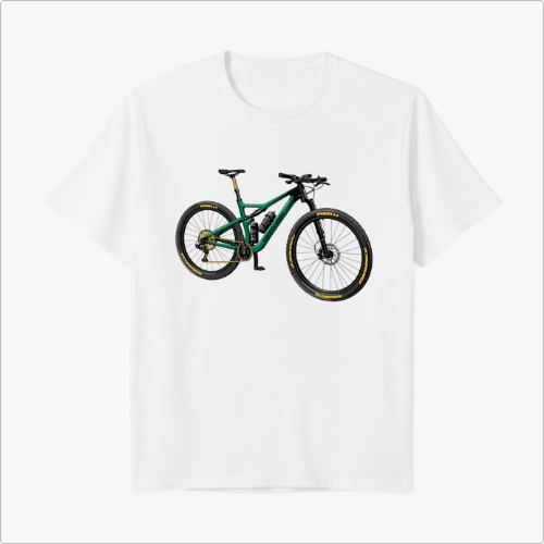 Camiseta com estampa frontal de bicicleta detalhada, exibindo um design técnico com diferentes componentes e traços meticulosos nas rodas e quadro.