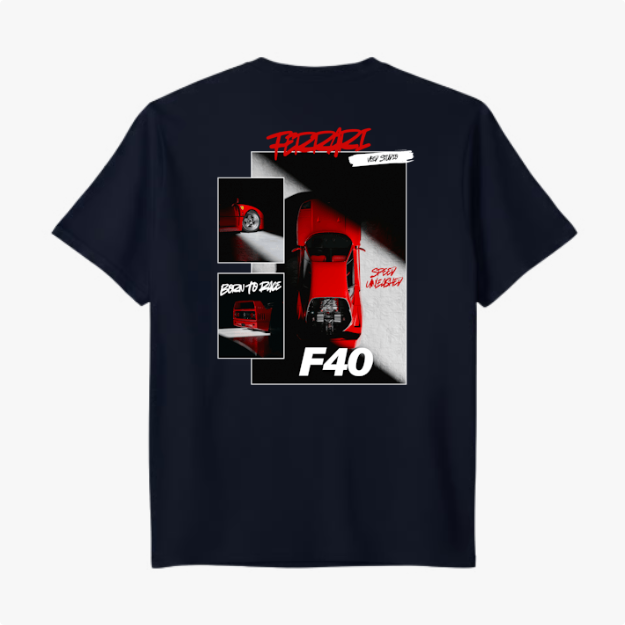 Camiseta com estampa traseira de carro esportivo F40 em perspectiva de cima, com detalhes de rodas e frase "Born to Race" em estilo gráfico moderno.