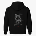 Moletom com estampa frontal de retângulo contendo texto estilizado e estampa traseira de coração anatômico detalhado acompanhado de frase inspiradora e referência.
