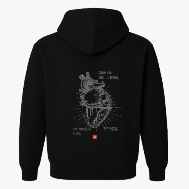 Moletom com estampa frontal de retângulo contendo texto estilizado e estampa traseira de coração anatômico detalhado acompanhado de frase inspiradora e referência.