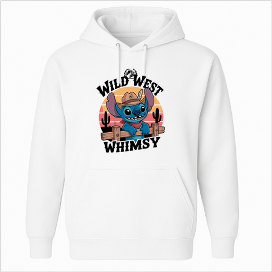Moletom com estampa frontal de personagem azul com chapéu de cowboy, cercado por cactos e um pôr do sol ao fundo, acompanhado das palavras "Wild West Whimsy".