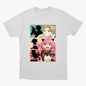 Camiseta com estampa frontal de três painéis mostrando silhuetas e personagens, com textos: "A Spy", "The Father", "Telepath", "The Daughter", "An Assassin", "The Mother".
