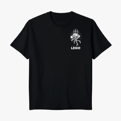 Camiseta com estampa frontal de esqueleto perfurado por espadas sob o texto "LEGIO" e estampa traseira de esqueleto similar com texto "VIVA POR ALGO OU MORRA POR NADA".