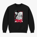 Moletom com estampa frontal de dois personagens detalhados em estilo mangá, um de perfil e outro com expressão feroz, além de texto estilizado abaixo.