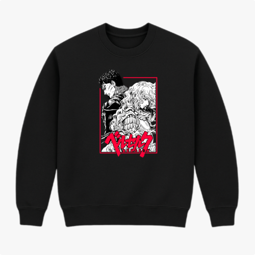 Moletom com estampa frontal de dois personagens detalhados em estilo mangá, um de perfil e outro com expressão feroz, além de texto estilizado abaixo.