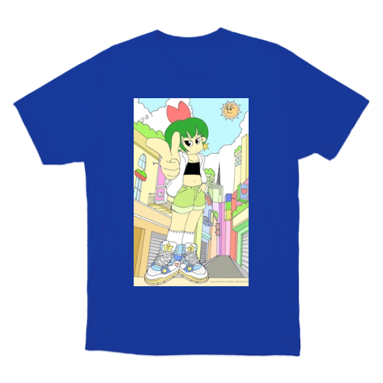 Camiseta com estampa frontal de personagem de cabelo verde e roupa casual em uma rua colorida, com sol sorridente no céu e detalhes urbanos vibrantes.