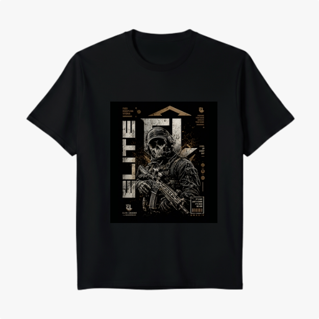 Camiseta com estampa frontal de soldado usando capacete e óculos escuros, empunhando um rifle, sobreposto à palavra "ELITE" em estilo gráfico moderno.
