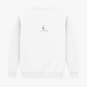 Moletom com estampa frontal de coração flamejante com coroa espinhada e cruz, envolto por faixa com texto, e estampa traseira de logotipo com coroa acima.