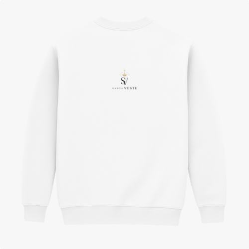 Moletom com estampa frontal de coração flamejante com coroa espinhada e cruz, envolto por faixa com texto, e estampa traseira de logotipo com coroa acima.
