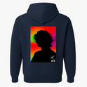 Moletom com estampa frontal de busto em perfil com efeito de distorção colorida e estampa traseira de silhueta sobre fundo multicolorido com linhas horizontais.