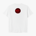 Camiseta com estampa frontal de texto estilizado "presságio" em fonte gótica e estampa traseira de círculo com inscrição "Maffie Records" em estilo artístico.