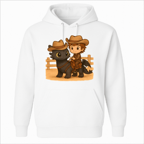 Moletom com estampa frontal de uma figura em estilo cartoon montada em um dragão ao lado de uma cerca, ambos usando chapéus de cowboy e expressões curiosas.