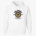Moletom com estampa frontal de emblema esportivo centralizado, com texto "Columbus", ano "1987", estrelas e detalhes "Athletic Departement".