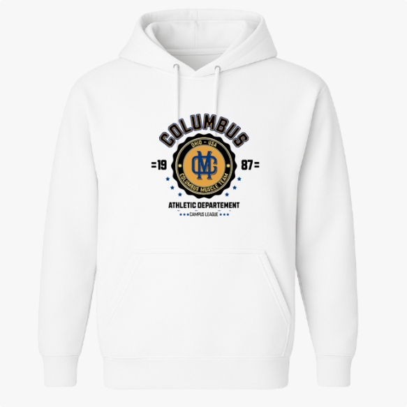 Moletom com estampa frontal de emblema esportivo centralizado, com texto "Columbus", ano "1987", estrelas e detalhes "Athletic Departement".