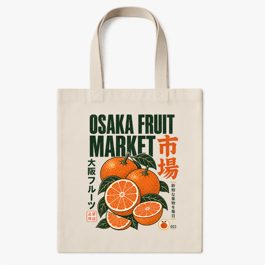 Ecobag com estampa frontal de laranjas desenhadas ao estilo vintage, acompanhadas por grafias japonesas e o texto "Osaka Fruit Market".