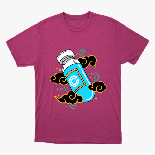 Camiseta com estampa frontal de frasco estilizado com logotipo centralizado, envolto por padrões de nuvens arrojadas e elementos geométricos vibrantes.