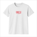 Camiseta com estampa frontal de texto em vermelho exibindo as palavras "RUNNING CLUB" em destaque e uma linha menor de texto logo abaixo.