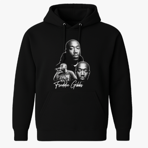 Moletom com estampa frontal de três retratos superpostos de um artista, incluindo uma imagem dele cantando ao microfone e uma assinatura estilizada.