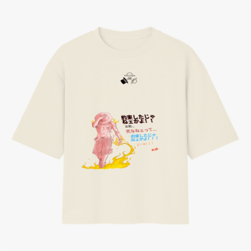 Camiseta com estampa frontal de personagem em posição dinâmica com texto em estilo japonês, e estampa traseira de quadrinhos com cenas e personagens em contraste.