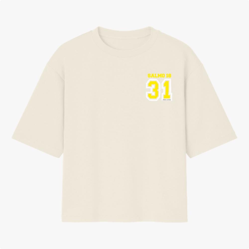 Camiseta com estampa frontal de "SALMO 18" e número "31" em estilo esportivo e estampa traseira idêntica, com lettering e numeração destacados.