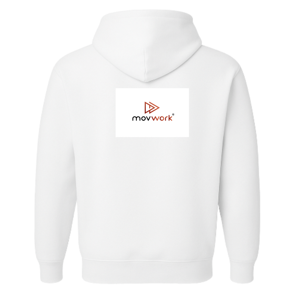Moletom com estampa frontal de logotipo estilizado com setas e texto "movwork" e estampa traseira idêntica ao logotipo frontal.