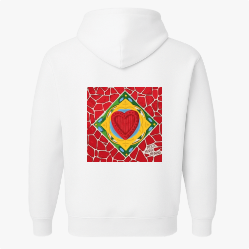 Moletom com estampa frontal de gaiola vazia estilizada e estampa traseira de coração vibrante em fundo de mosaico vermelho, assinado no canto.