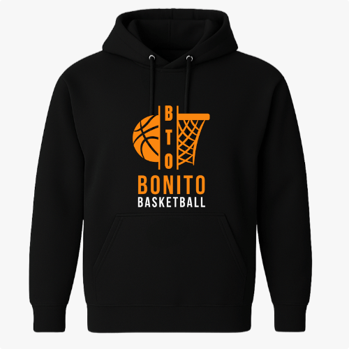 Moletom com estampa frontal de uma bola de basquete com linhas estilizadas ao lado de uma cesta, acompanhada das palavras "BTO BONITO BASKETBALL".