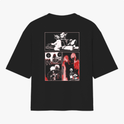 Camiseta com estampa frontal de personagem em posição dinâmica com texto em estilo japonês, e estampa traseira de quadrinhos com cenas e personagens em contraste.