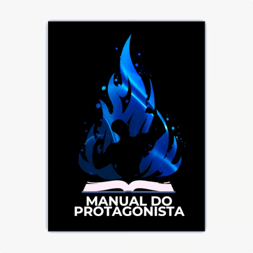 Quadro com estampa de chamas azuis em forma de silhueta sobre livro aberto, destacando as palavras "Manual do Protagonista" na base da imagem.