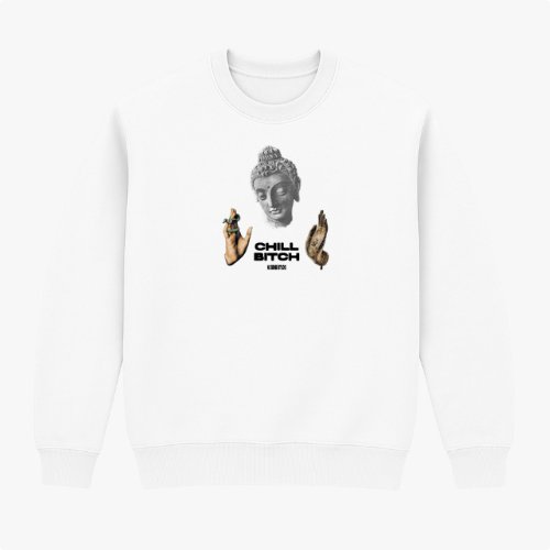 Moletom com estampa frontal de uma cabeça de estátua estilo clássico entre duas mãos e a frase "CHILL BITCH" em letras estilizadas logo abaixo.