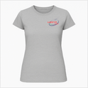 Camiseta com estampa frontal de logo estilizado com elemento circular e detalhes pontiagudos e estampa traseira de esfera central e orbitais entrelaçados.