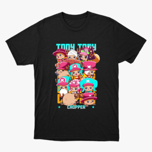 Camiseta com estampa frontal de personagens chibi usando diferentes chapéus rosa e azul, acompanhados de letras estilizadas em um tom vibrante.