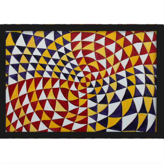 Quadro com estampa de espirais formados por padrões geométricos de triângulos em disposição circular, criando um efeito visual dinâmico e intrigante.