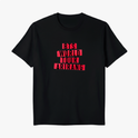 Camiseta com estampa frontal de texto composto por "BTS", "WORLD", "TOUR", "ARIRANG" em letras maiúsculas, com cada palavra destacada sobre barras.