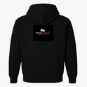 Moletom com estampa frontal de logotipo centralizado e texto cursivo, e estampa traseira idêntica, com ícone estilizado e fonte moderna.