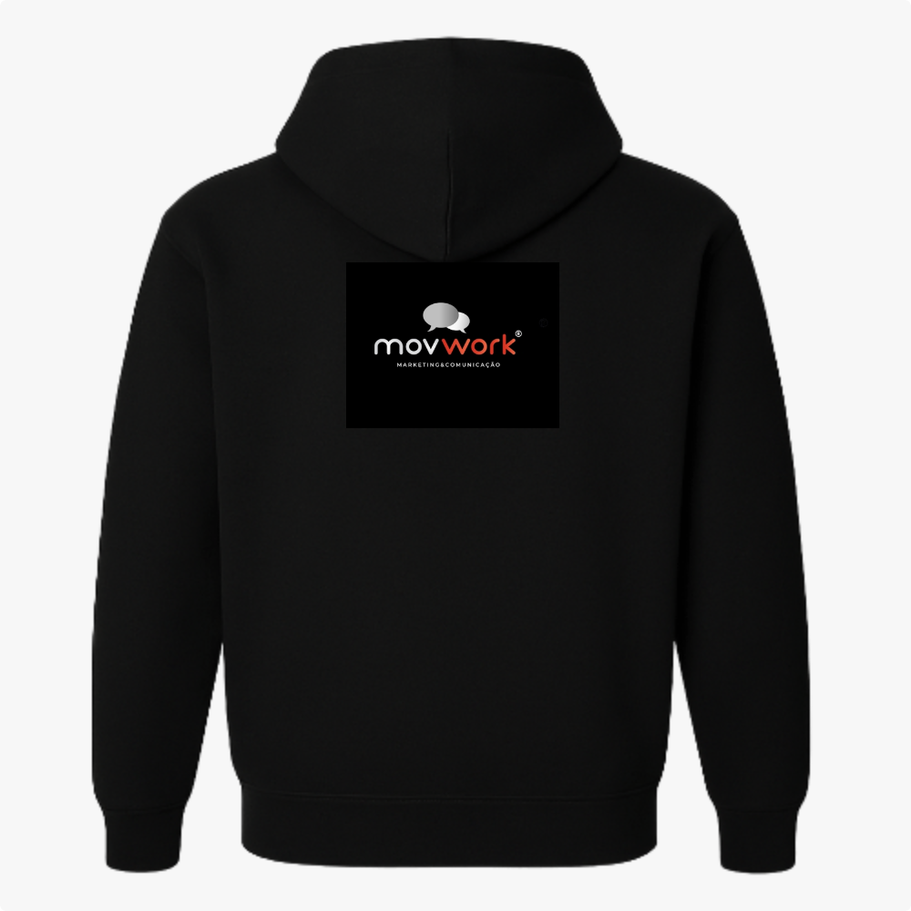 Moletom com estampa frontal de logotipo centralizado e texto cursivo, e estampa traseira idêntica, com ícone estilizado e fonte moderna.